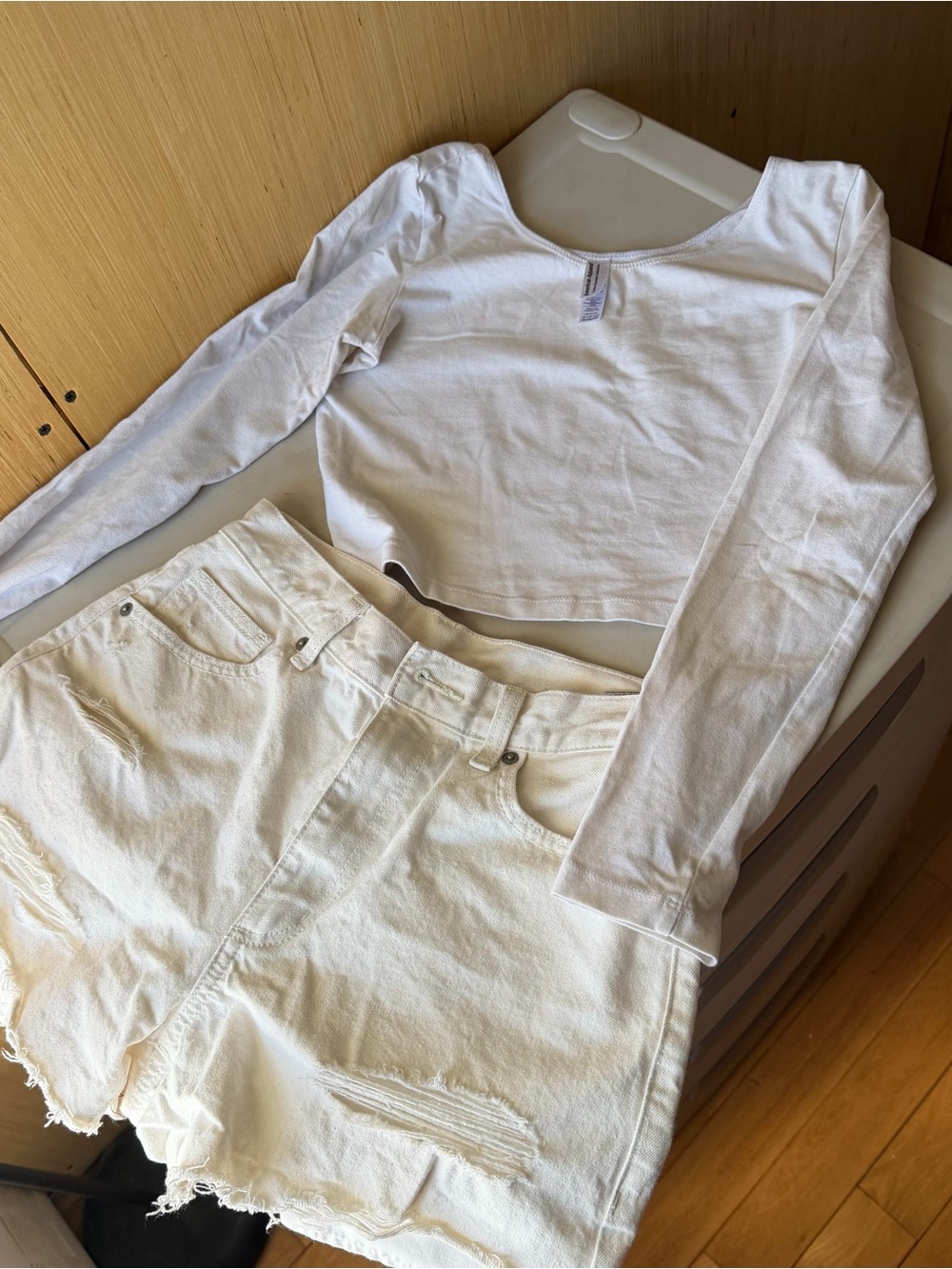 American Apparel cropped long sleeve + GU 100% cotton jean shorts